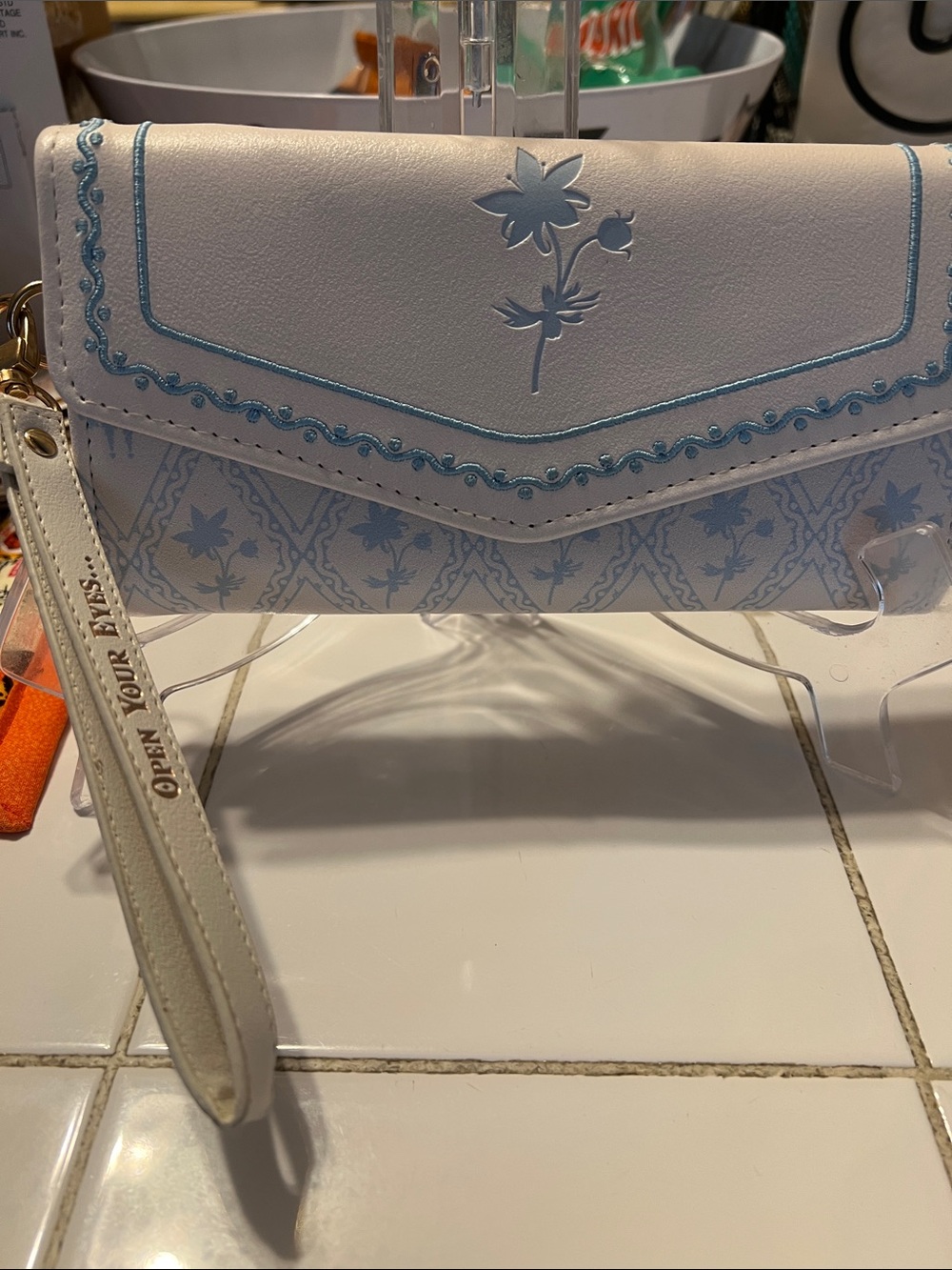 Danielle Nicole White Wristlet Clutch with Light Blue Floral Detail
